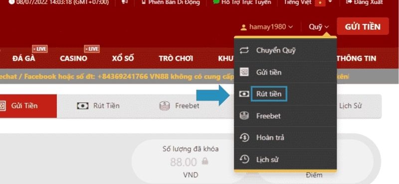 Cách rút tiền từ VN88 như thế nào? Hướng dẫn thực hiện