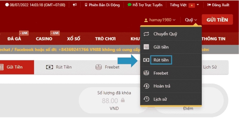 cách rút tiền từ VN88